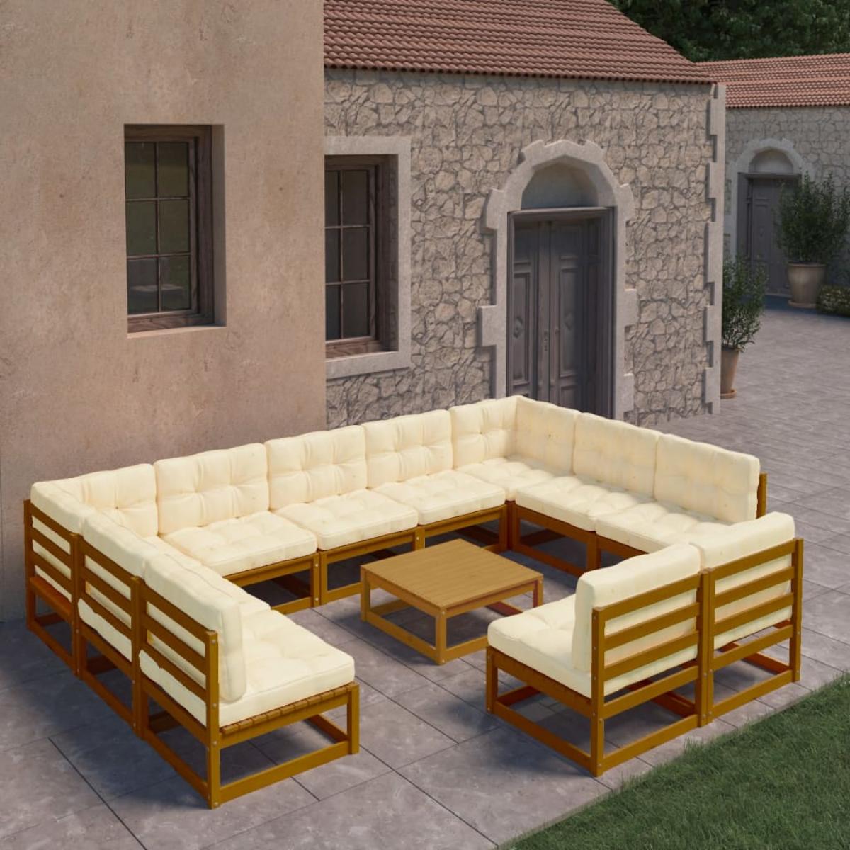 Set de muebles de jardín 12 pzs cojines madera pino marrón miel