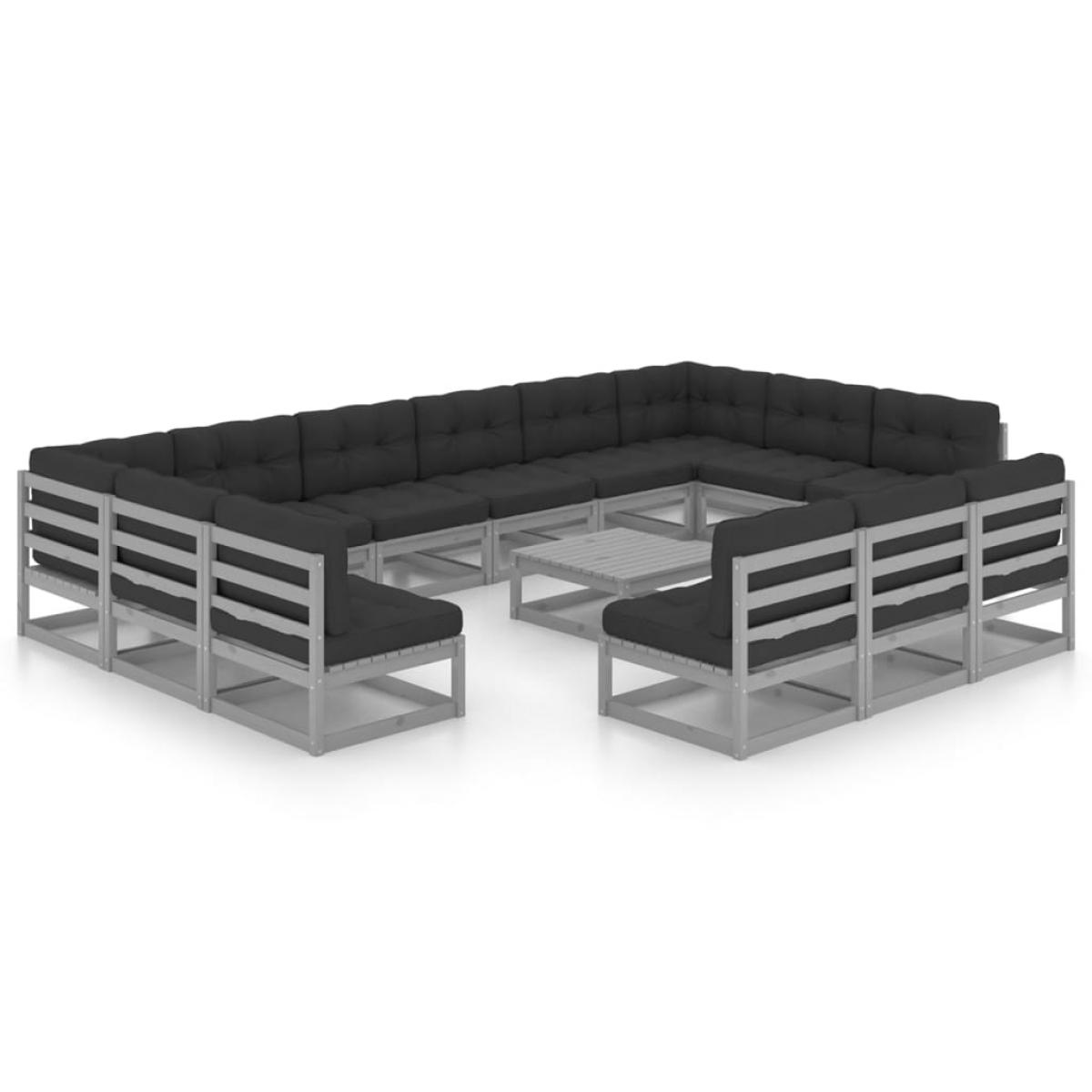 Set de muebles de jardín 14 pzas con cojines madera pino gris