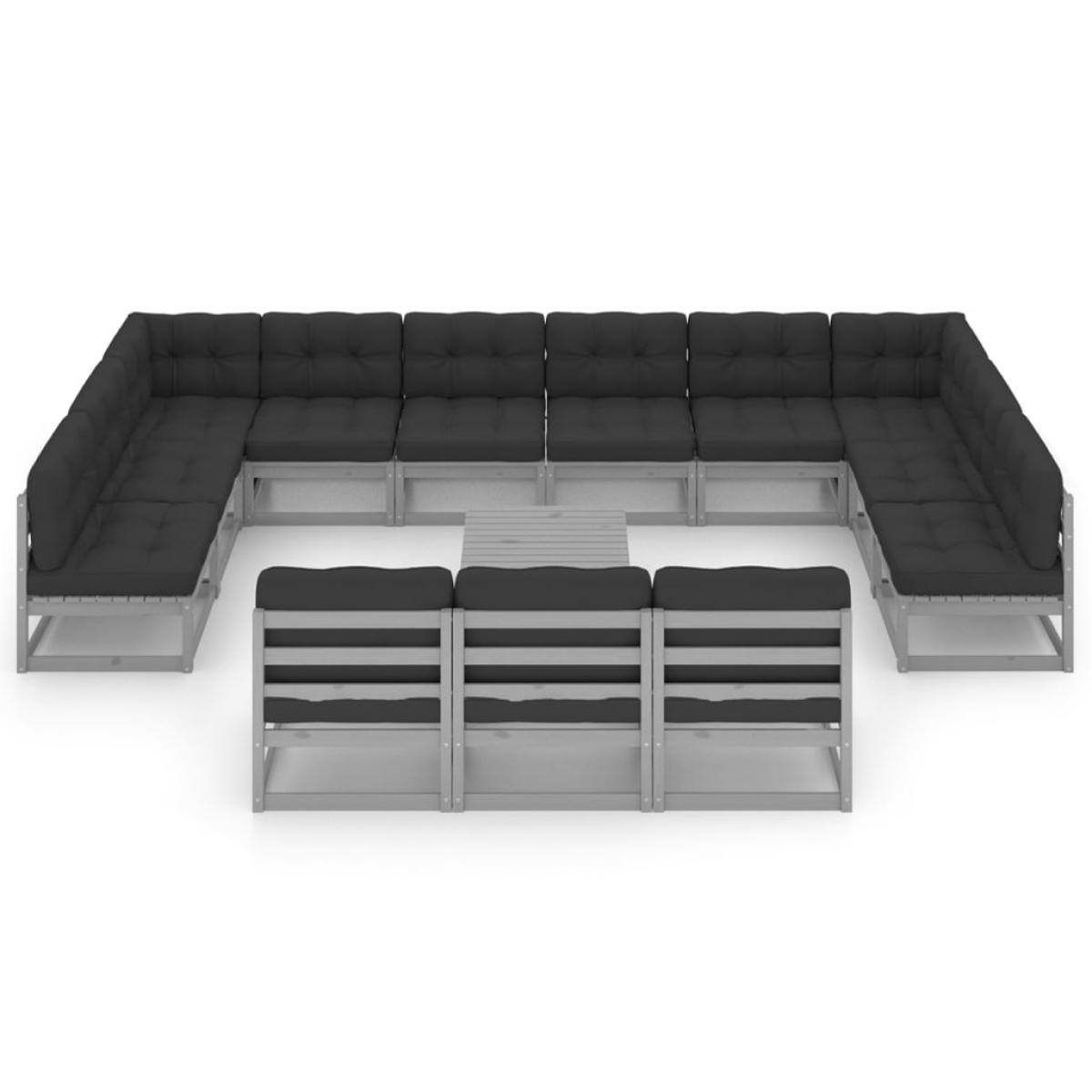 Set de muebles de jardín 14 pzas con cojines madera pino gris