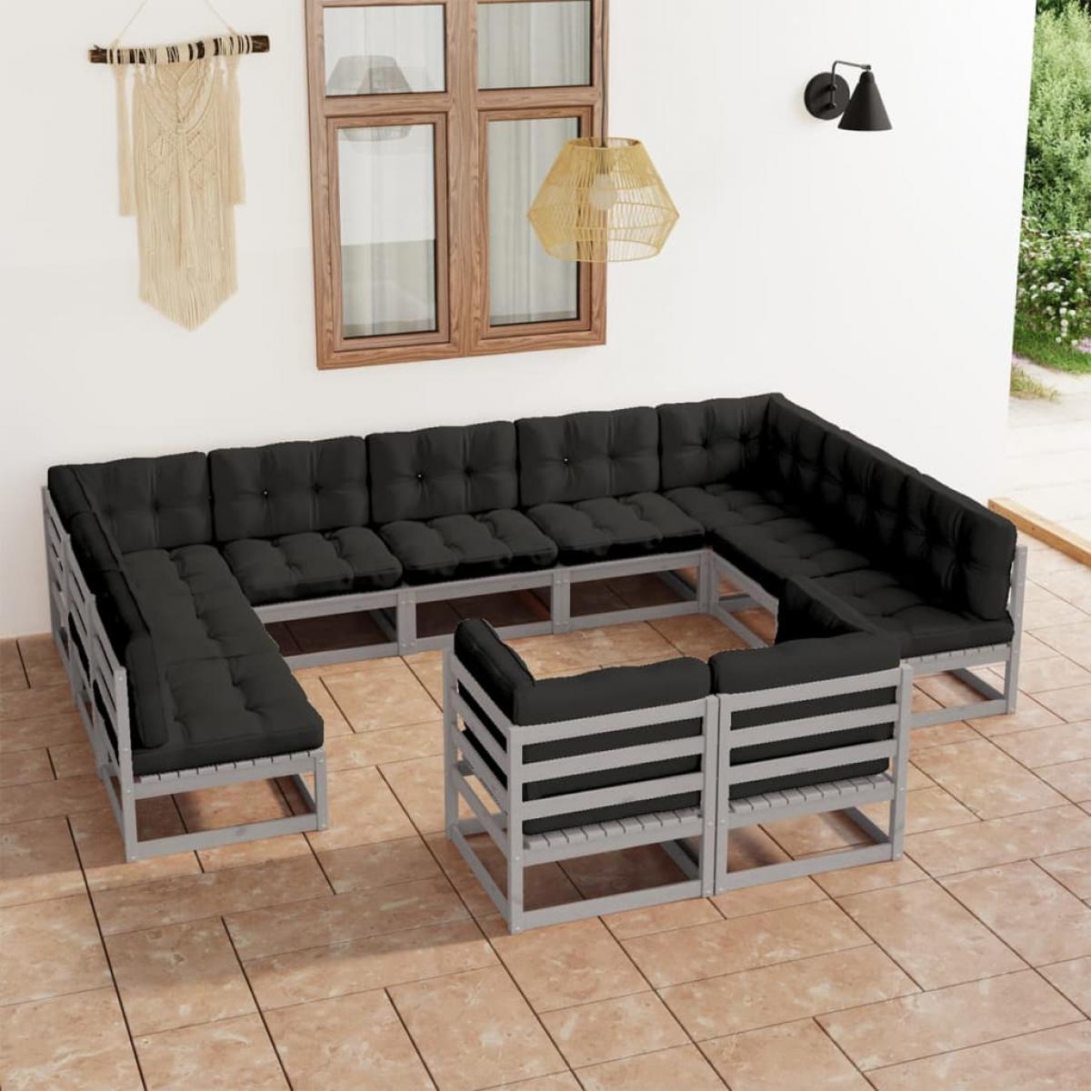 Set de muebles de jardín 11 pzas con cojines madera pino gris