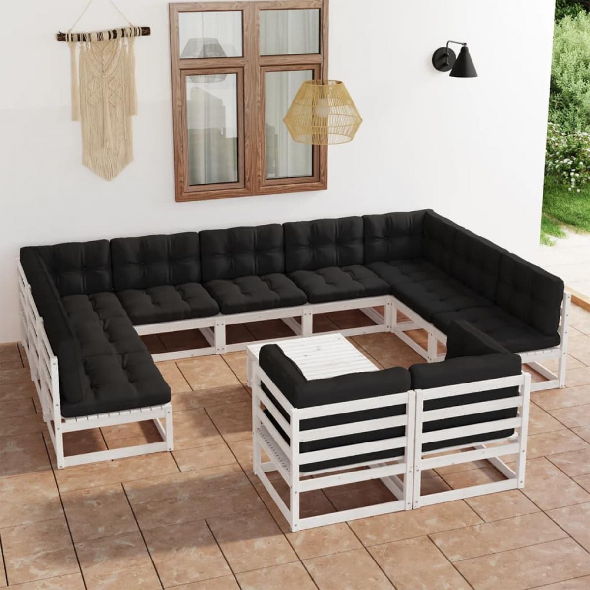 Set de muebles de jardín 12 pzas con cojines madera pino blanco