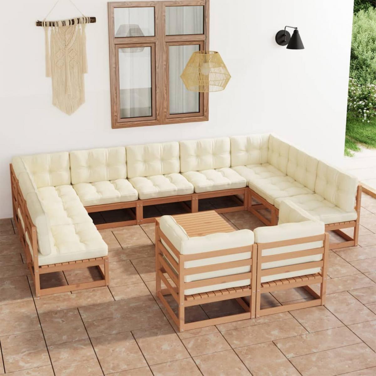 Set de muebles de jardín 12 pzs cojines madera pino marrón miel