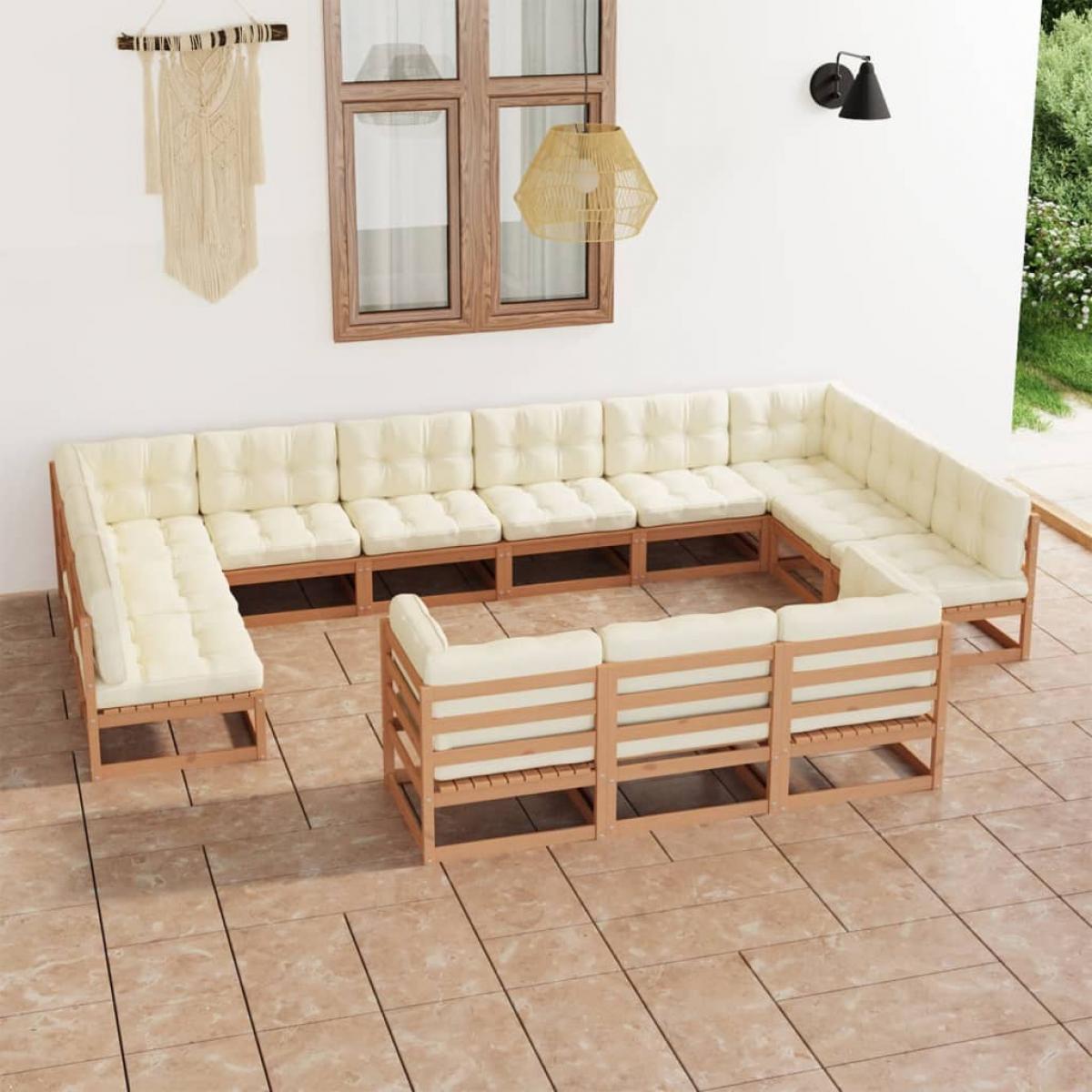 Set de muebles de jardín 13 pzs cojines madera pino marrón miel