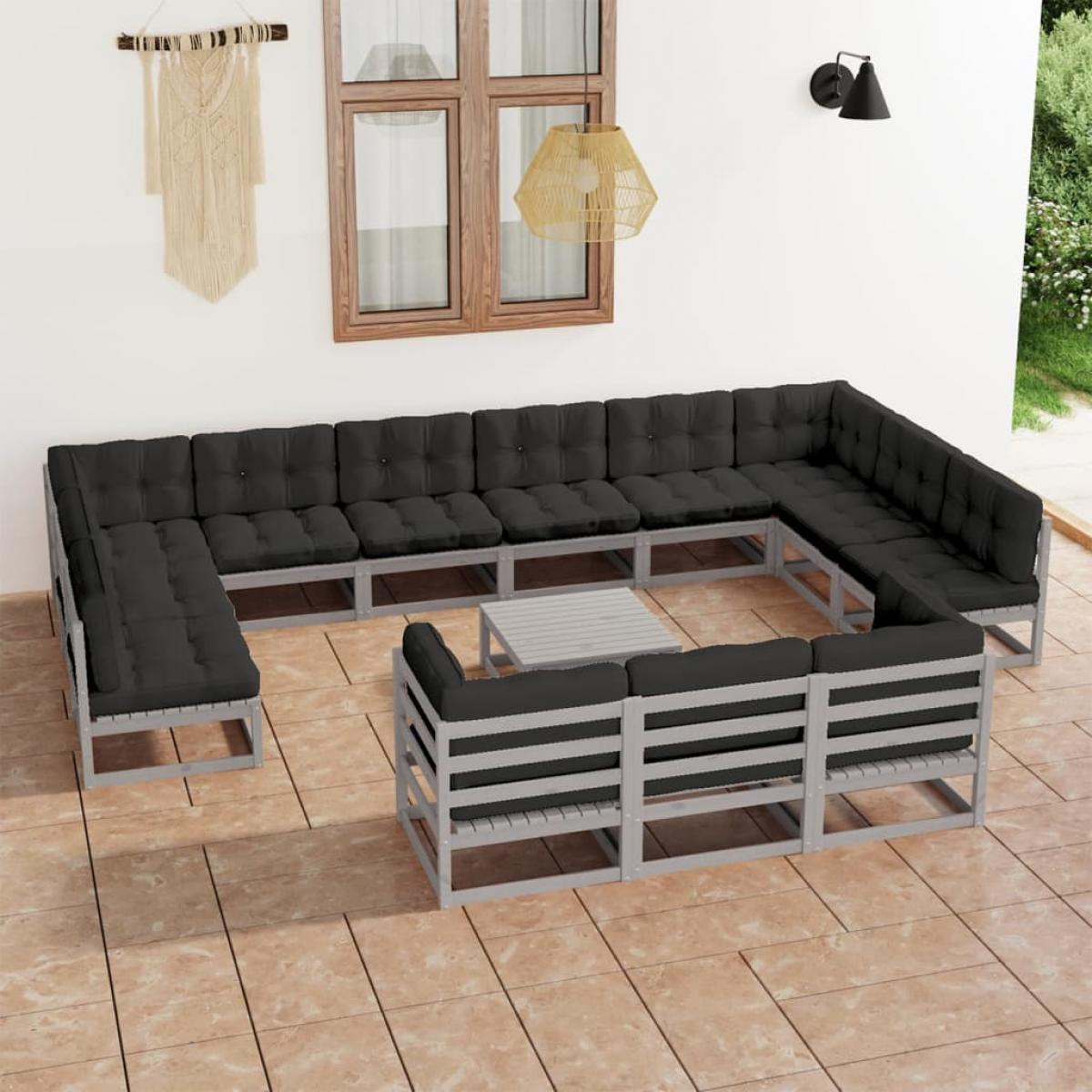 Set de muebles de jardín 14 pzas con cojines madera pino gris
