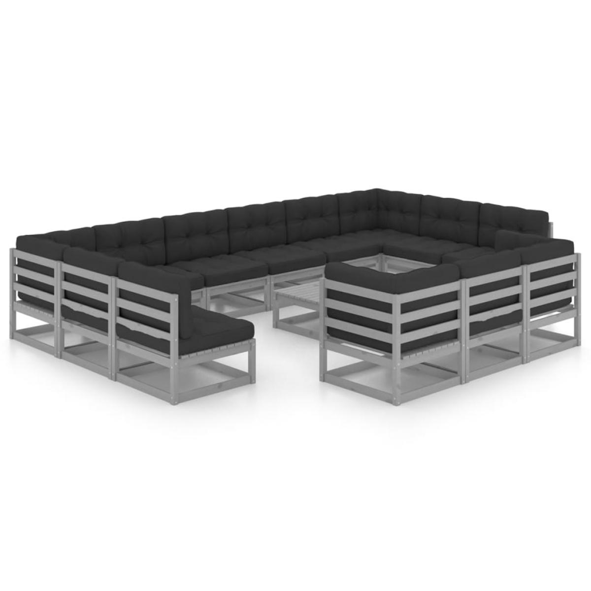 Set de muebles de jardín 14 pzas con cojines madera pino gris