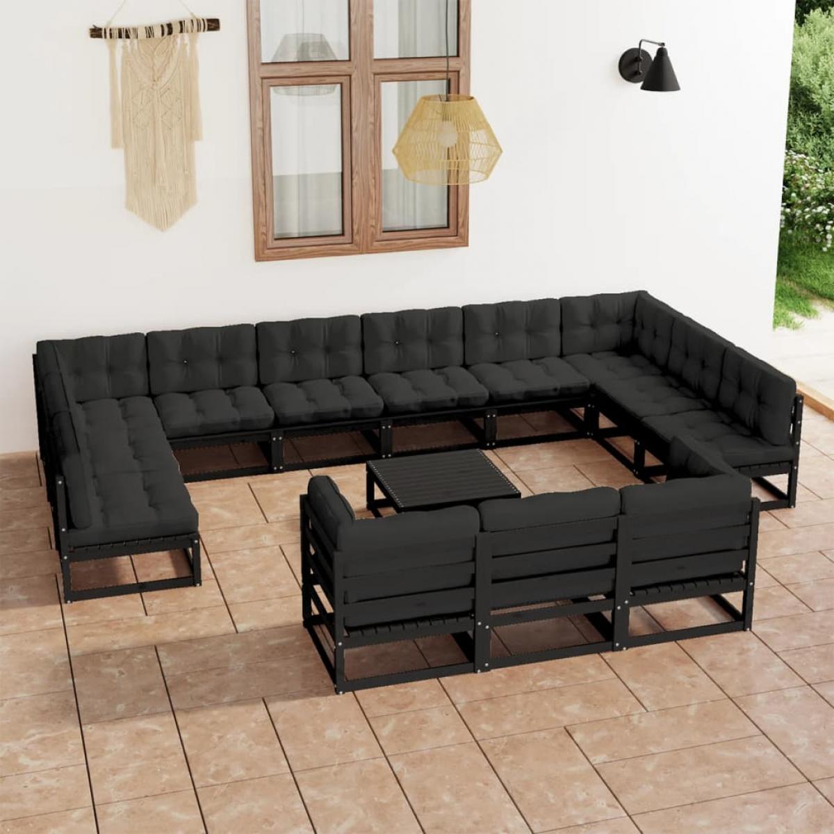 Set de muebles de jardín 14 pzas con cojines madera pino negro