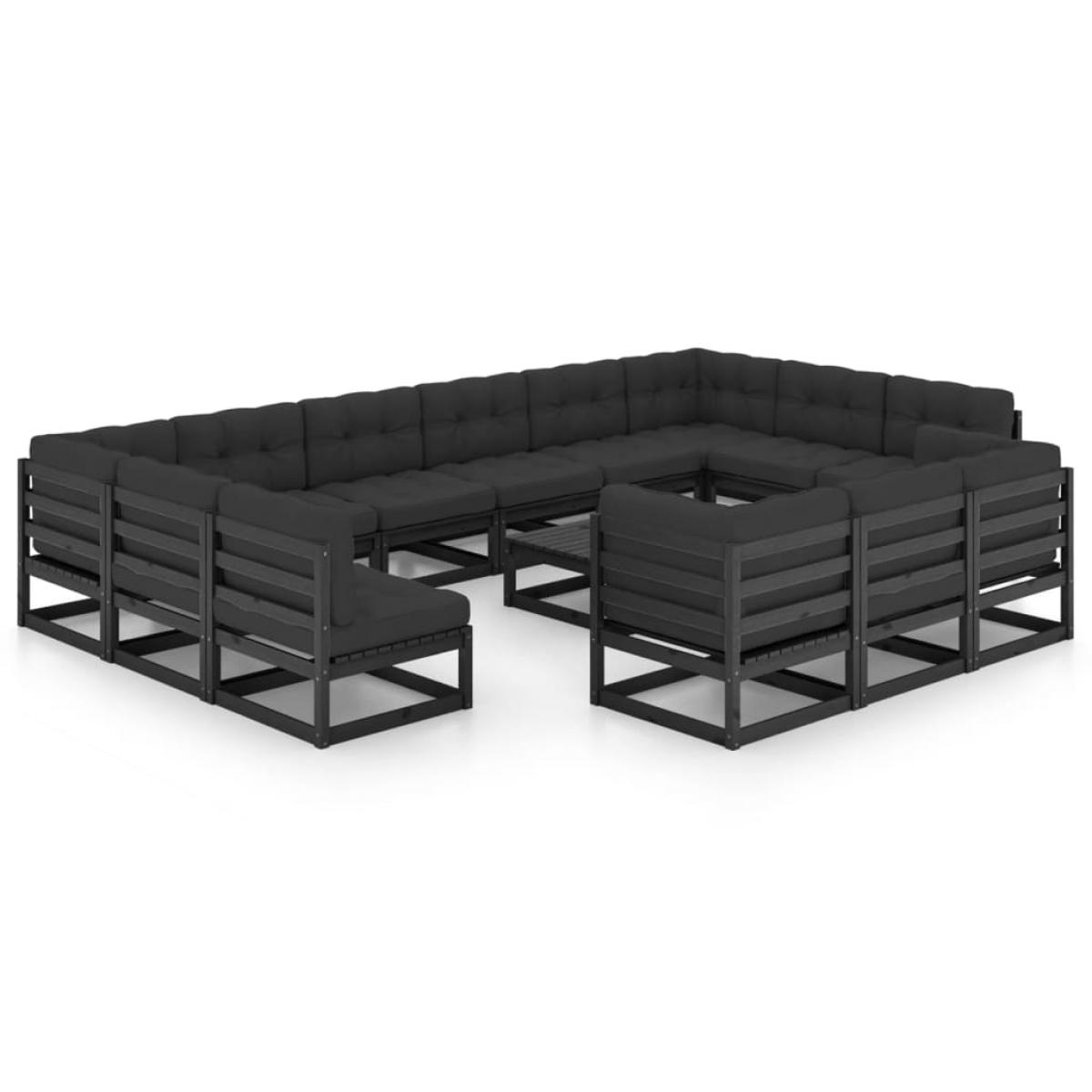 Set de muebles de jardín 14 pzas con cojines madera pino negro