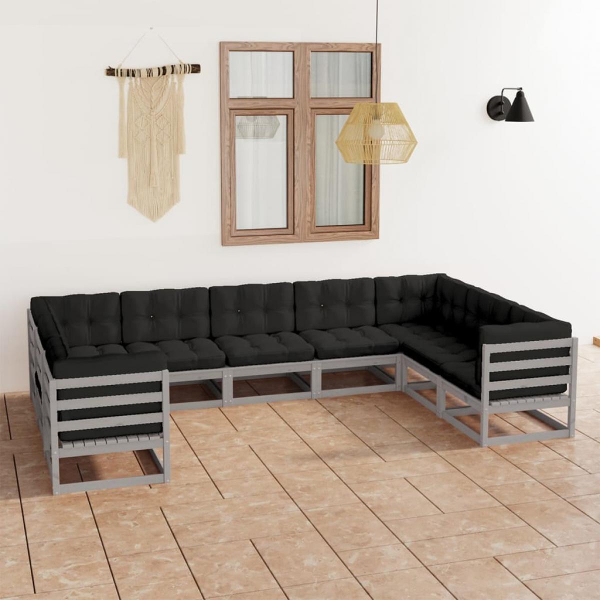 Set de muebles de jardín 9 pzas con cojines madera pino gris