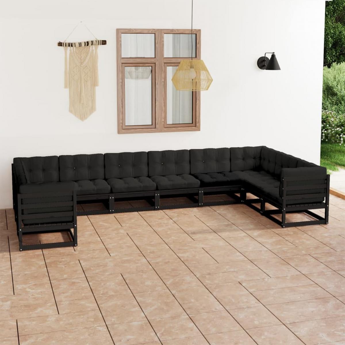 Set de muebles de jardín 10 pzas con cojines madera pino negro