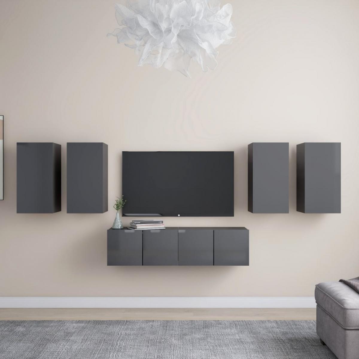 Juego de mueble para TV de 6 piezas aglomerado gris brillante