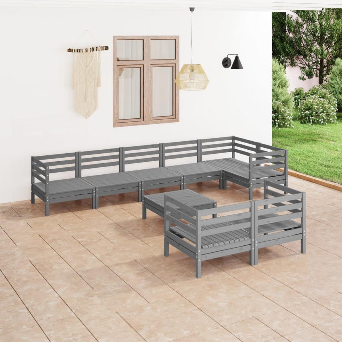 Juego de muebles de jardín 9 piezas madera maciza de pino gris
