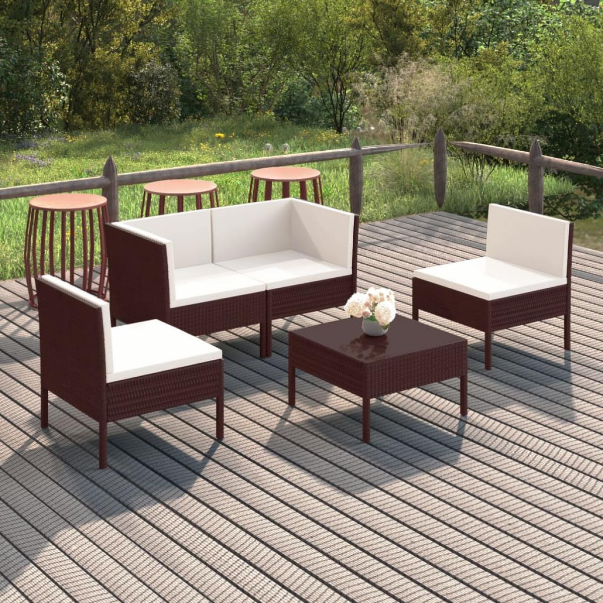 Set muebles de jardín 5 pzas y cojines ratán sintético marrón