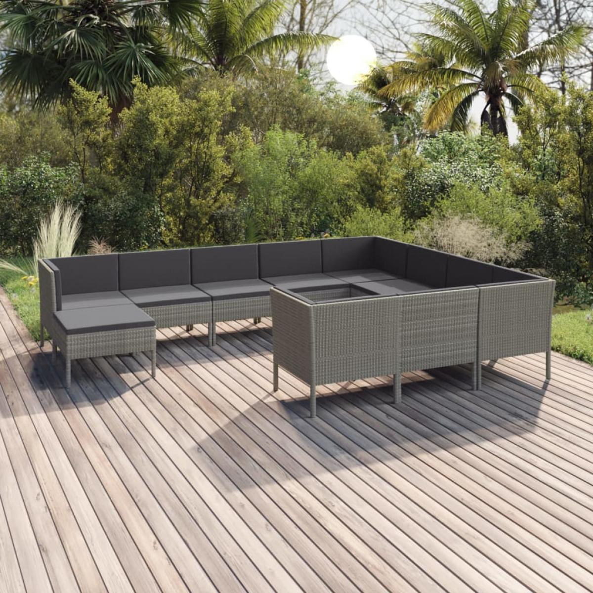 Set de muebles de jardín 11 pzas y cojines ratán sintético gris
