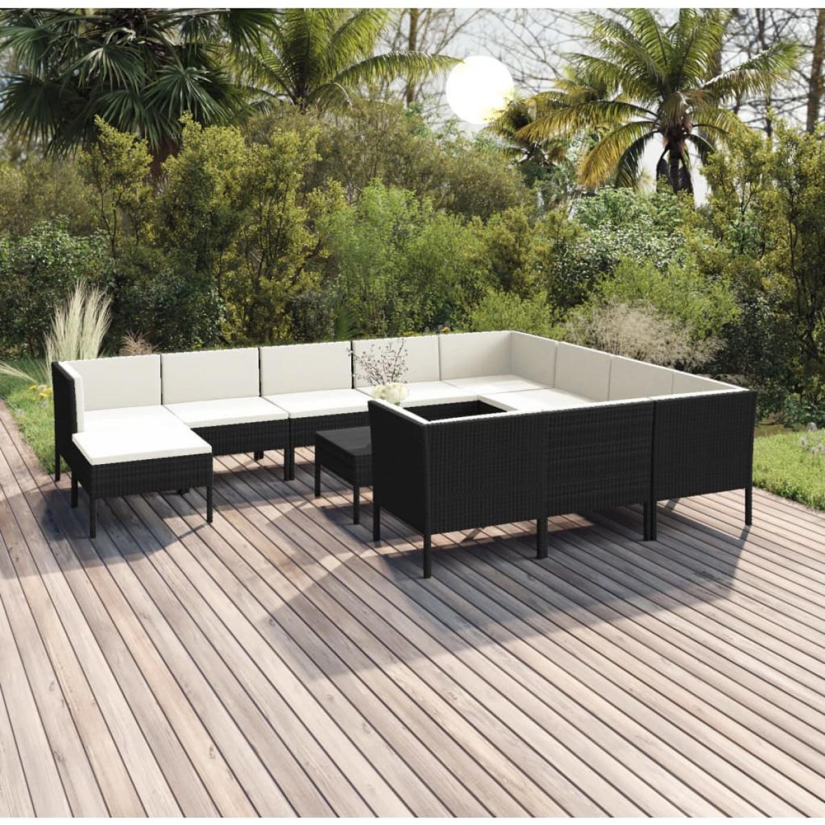 Set muebles de jardín 12 pzas y cojines ratán sintético negro