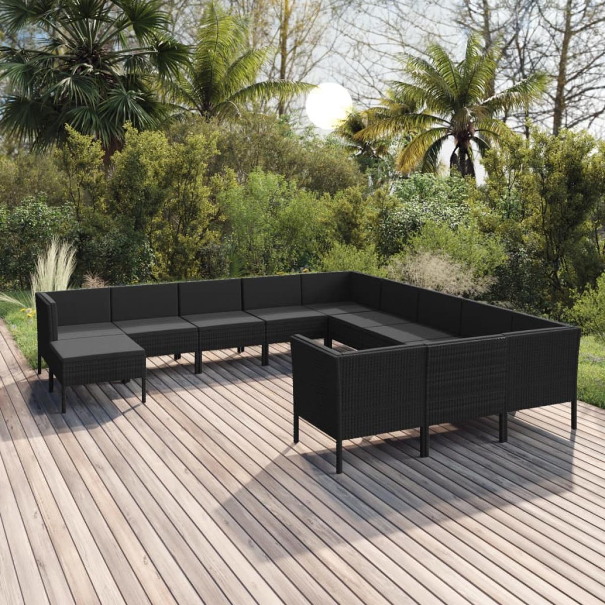 Set muebles de jardín 12 pzas y cojines ratán sintético negro