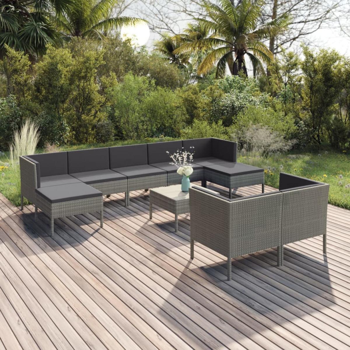 Set de muebles de jardín 10 pzas y cojines ratán sintético gris