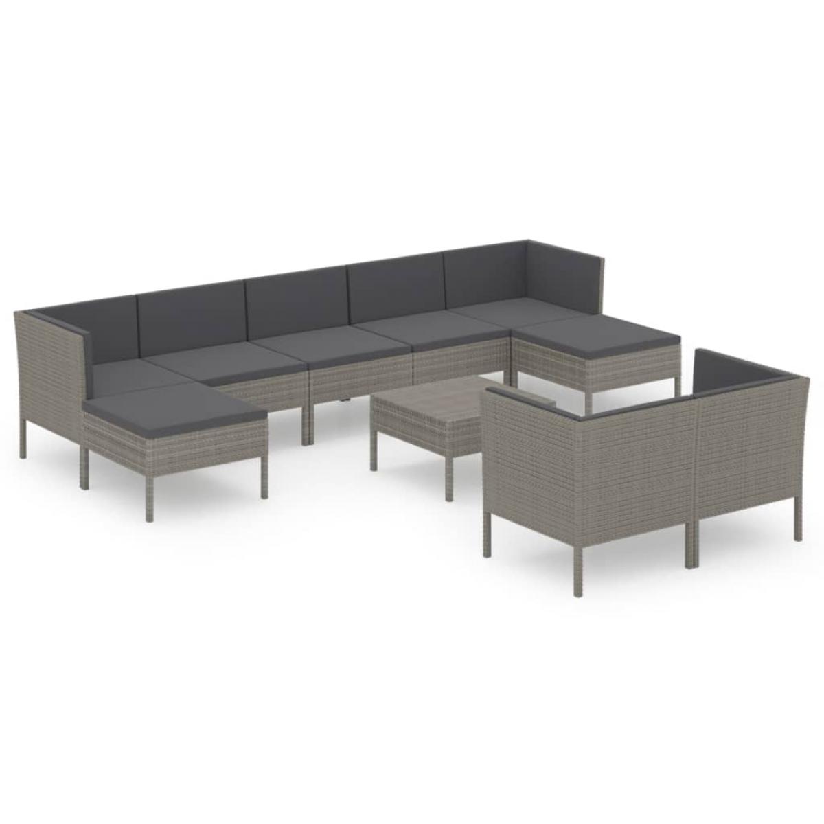 Set de muebles de jardín 10 pzas y cojines ratán sintético gris