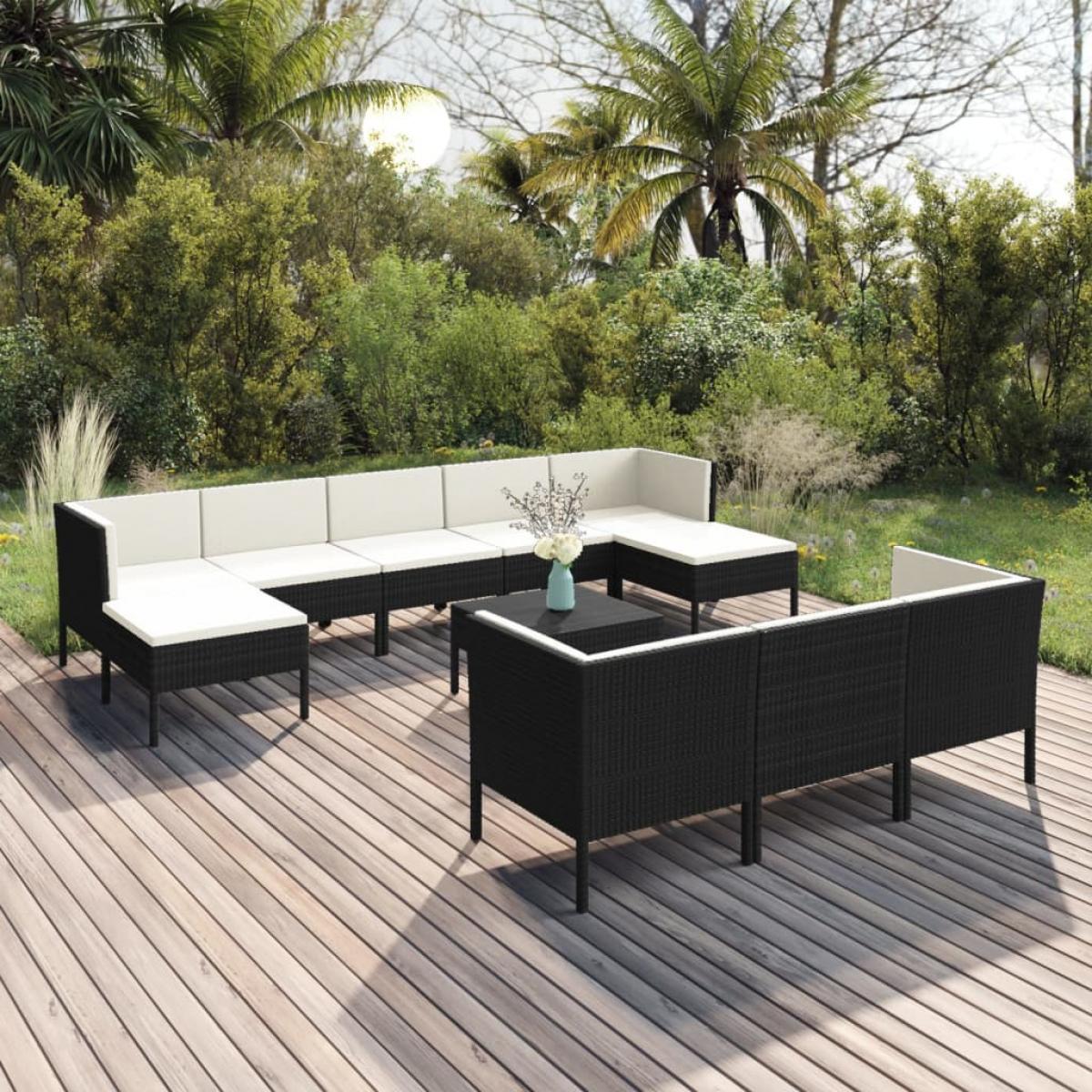 Set muebles de jardín 11 pzas y cojines ratán sintético negro
