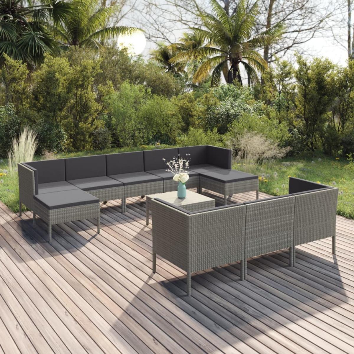 Set de muebles de jardín 11 pzas y cojines ratán sintético gris