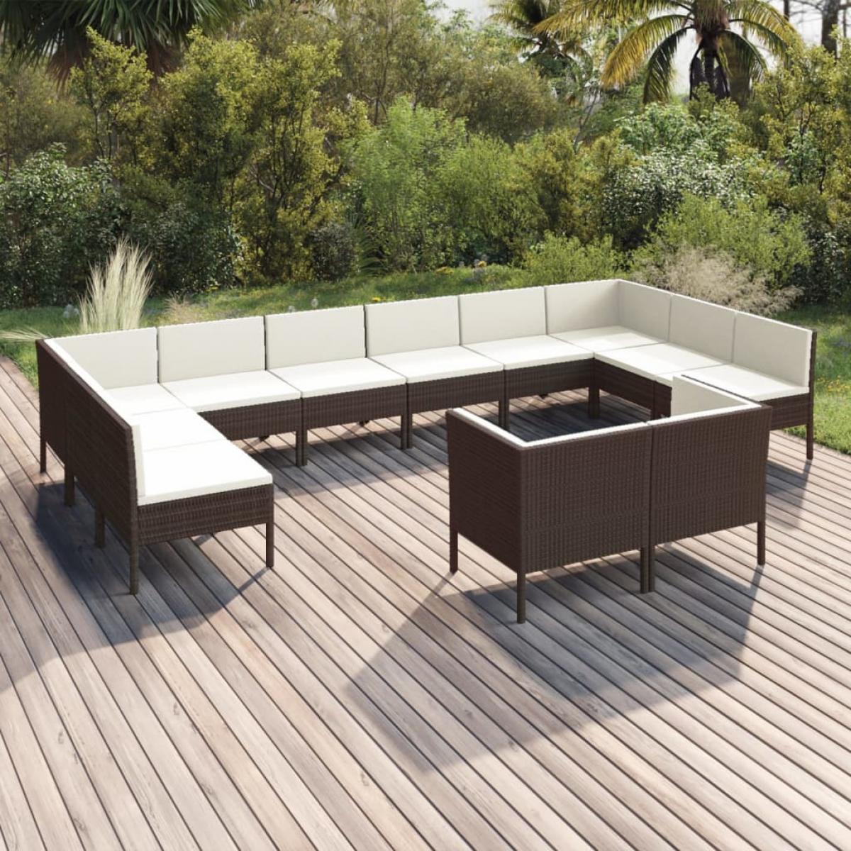 Set muebles de jardín 12 pzas y cojines ratán sintético marrón