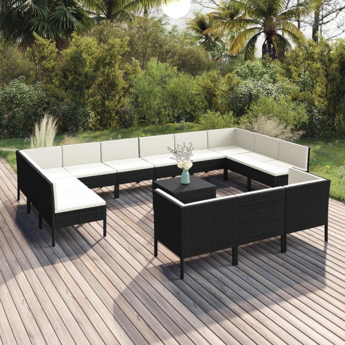 Set de muebles de jardín 14 pzas cojines ratán sintético negro