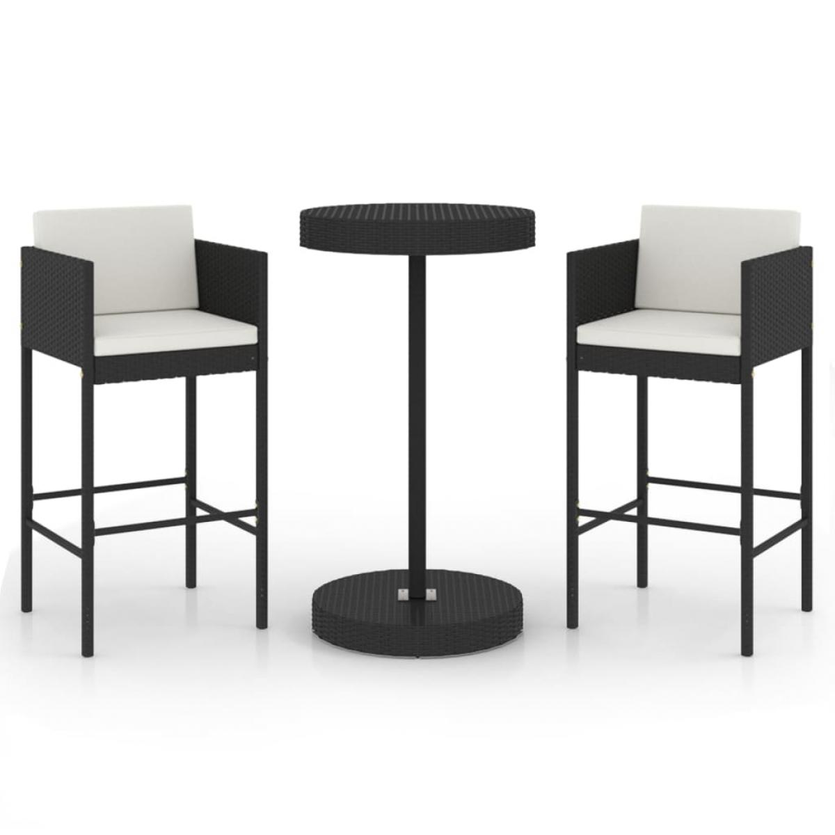 Set muebles bar jardín 3 piezas y cojines ratán sintético negro