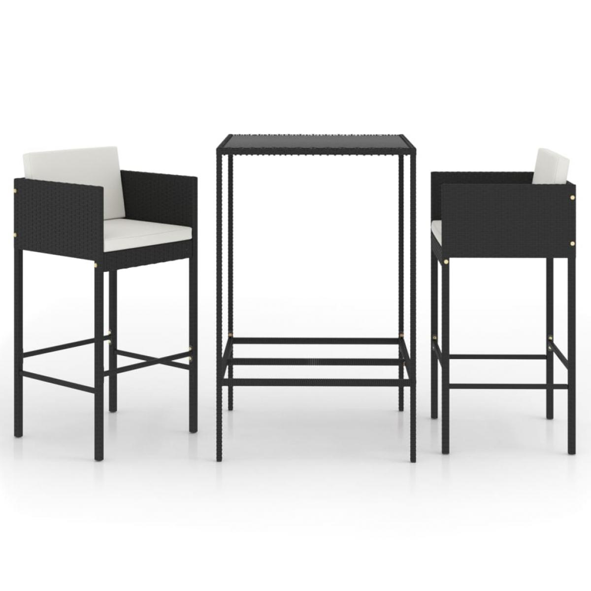 Set muebles bar jardín 3 piezas y cojines ratán sintético negro