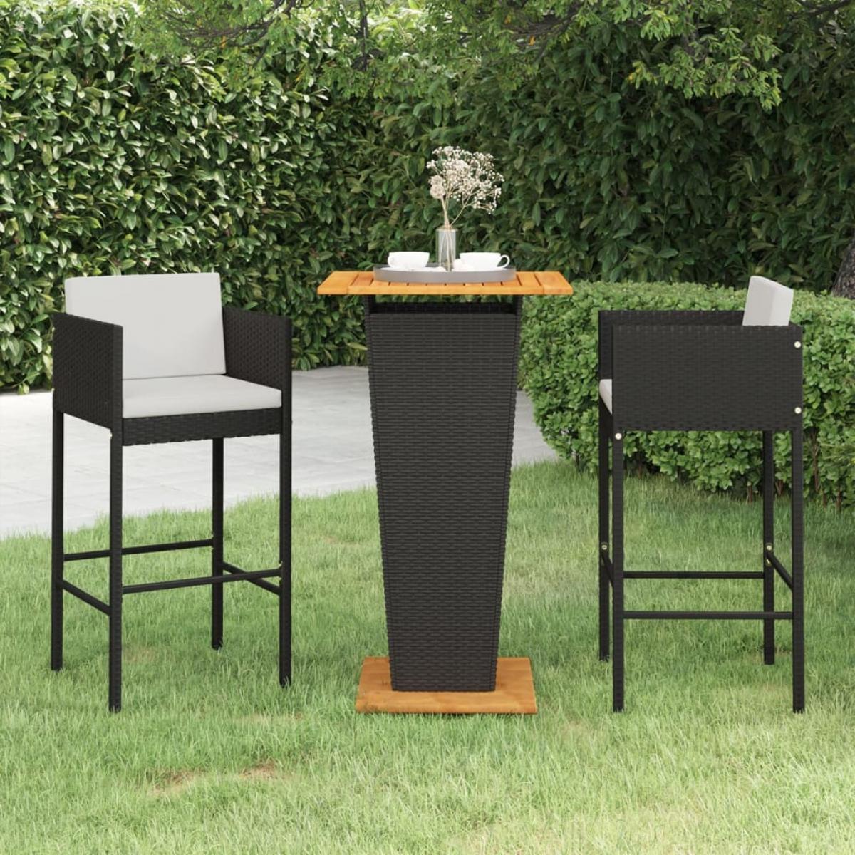 Set muebles bar jardín 3 piezas y cojines ratán sintético negro