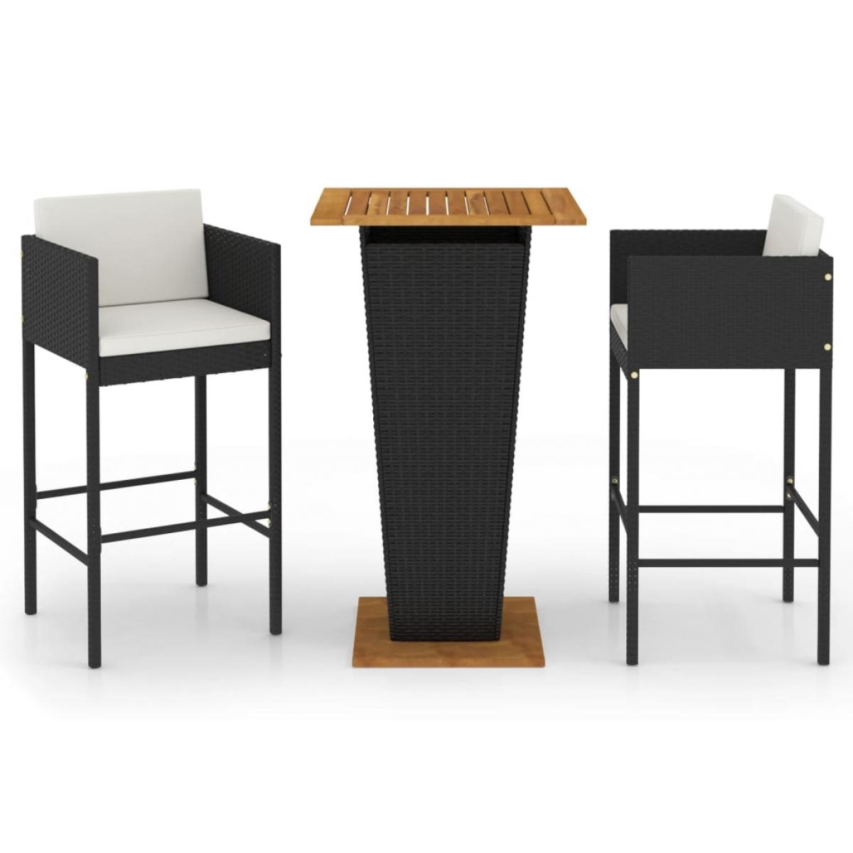 Set muebles bar jardín 3 piezas y cojines ratán sintético negro