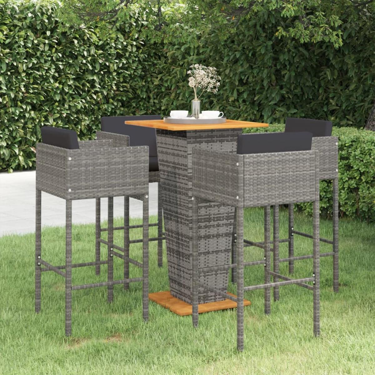 Set muebles de bar jardín 5 pzas y cojines ratán sintético gris