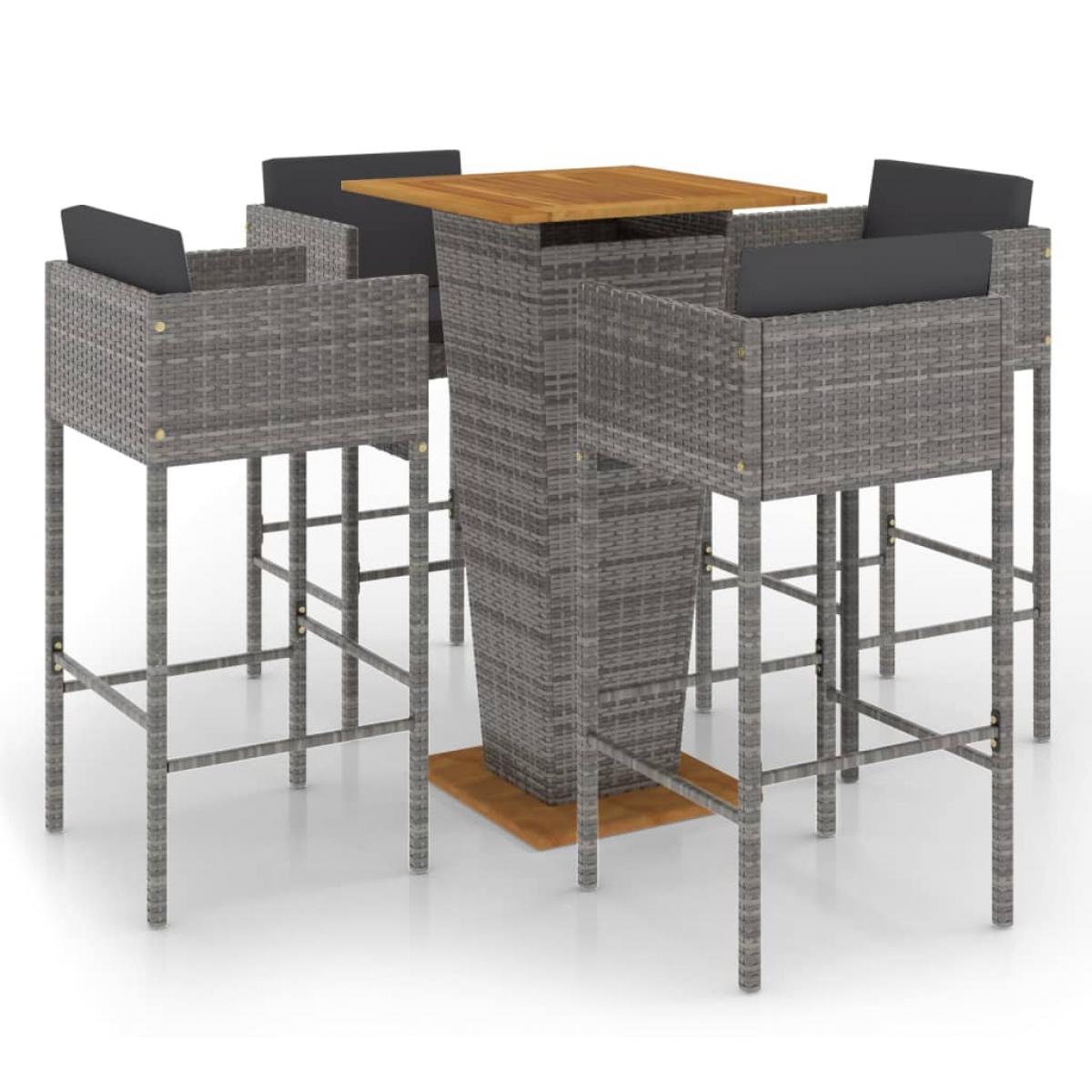 Set muebles de bar jardín 5 pzas y cojines ratán sintético gris