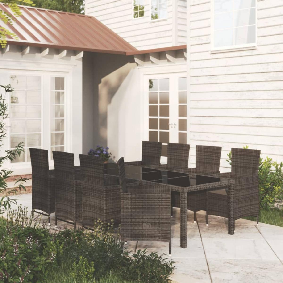 Set comedor de jardín 9 piezas y cojines ratán sintético negro