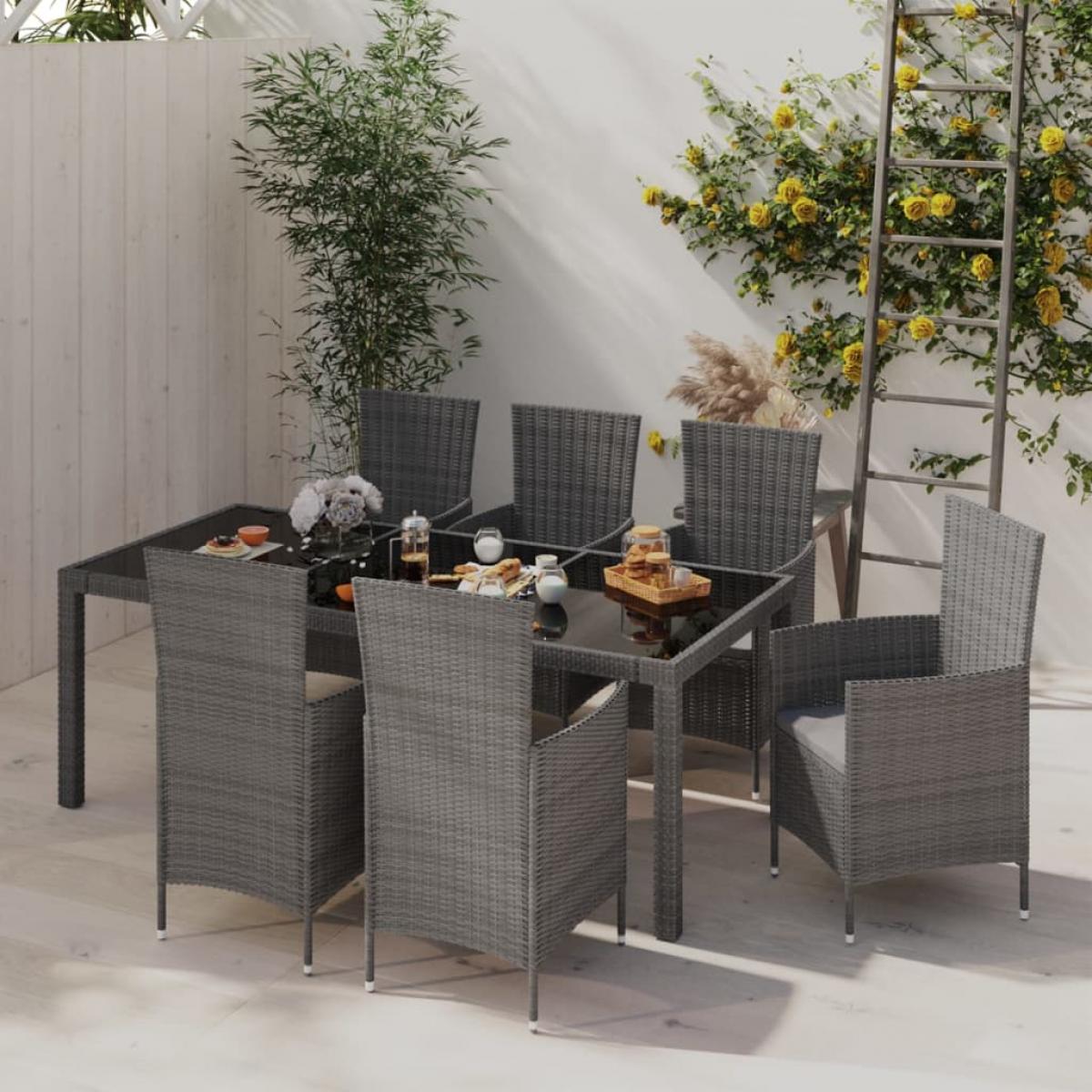 Set de comedor de jardín 7 pzas y cojines ratán sintético gris