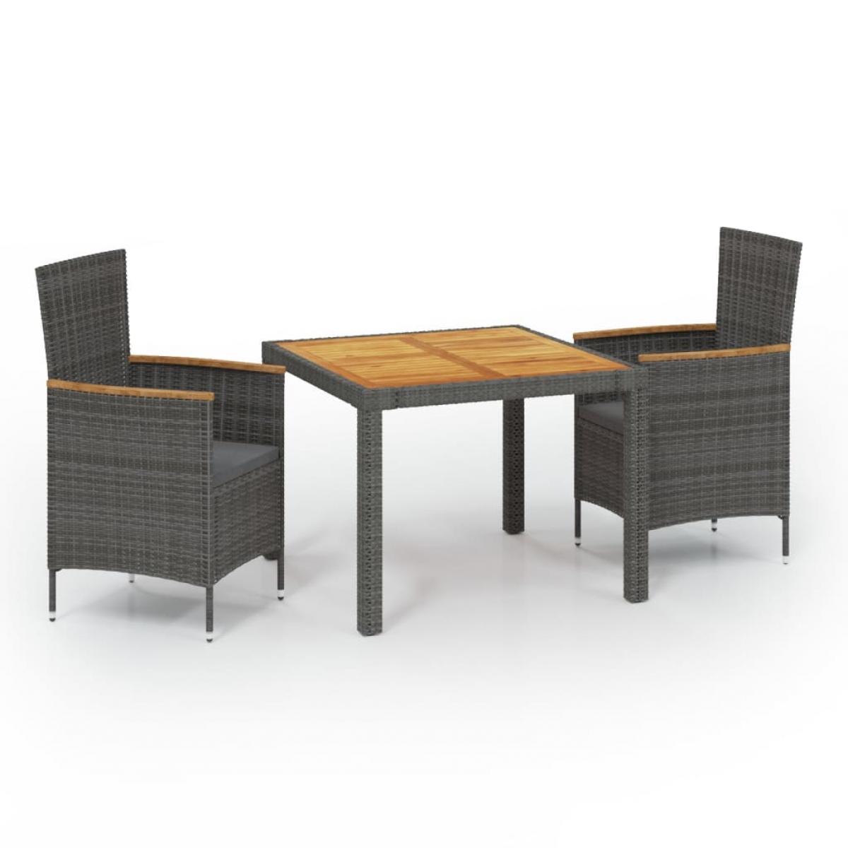 Set comedor de jardín 3 piezas con cojines ratán sintético gris