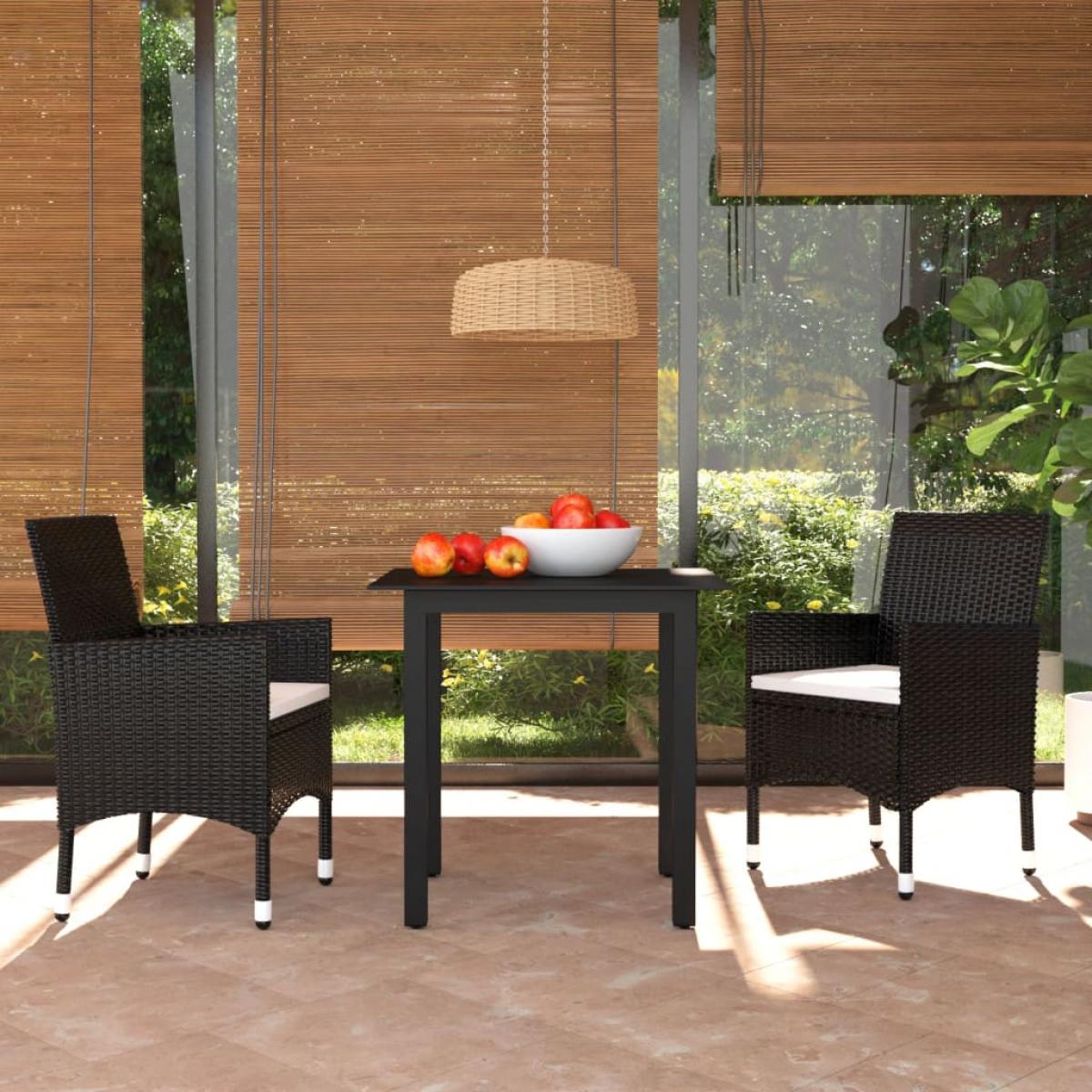 Set comedor de jardín 3 pzas con cojines ratán sintético negro