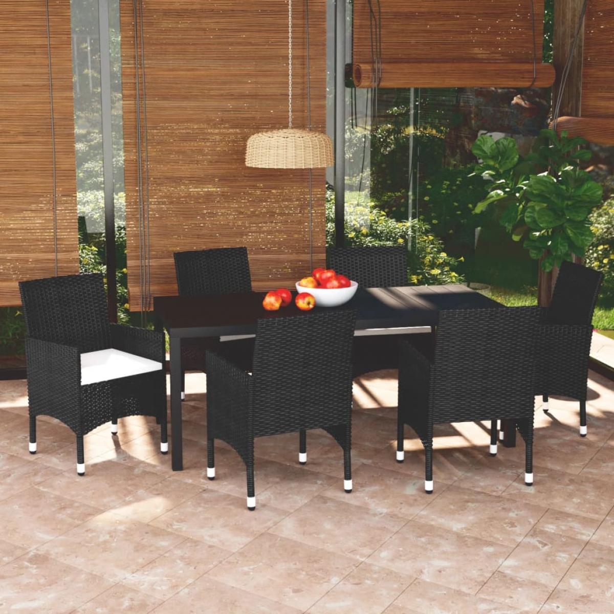 Set de comedor de jardín 7 pzas y cojines ratán sintético negro
