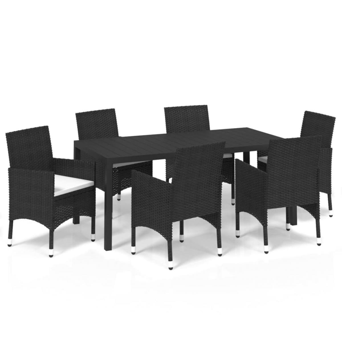 Set de comedor de jardín 7 pzas y cojines ratán sintético negro