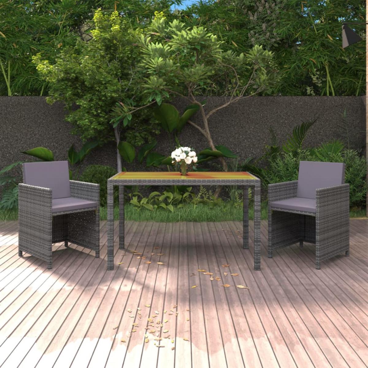 Set de comedor jardín 3 piezas con cojines ratán sintético gris
