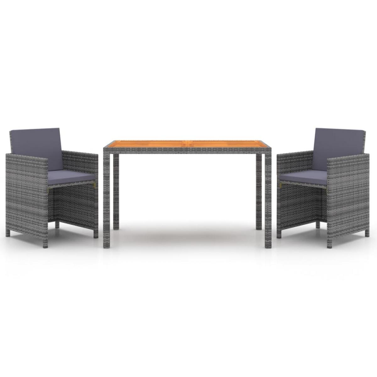 Set de comedor jardín 3 piezas con cojines ratán sintético gris