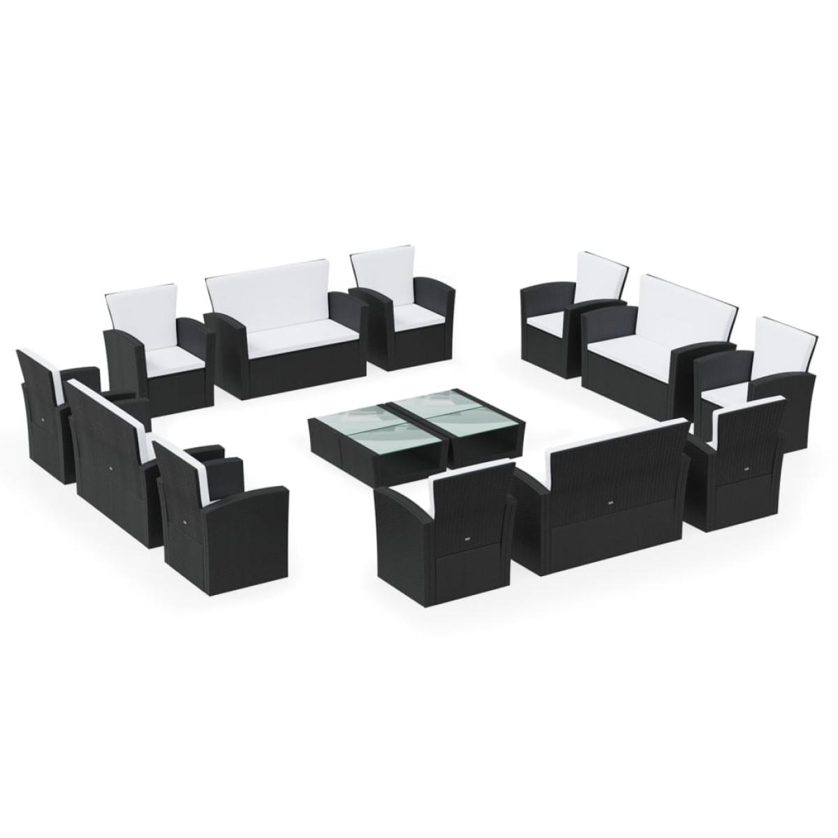 Set muebles de jardín 16 piezas y cojines ratán sintético negro