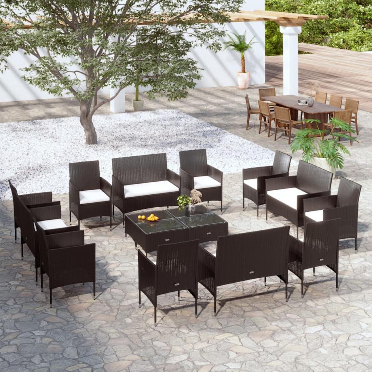 Juego muebles de jardín 16 pzas y cojines ratán sintético negro