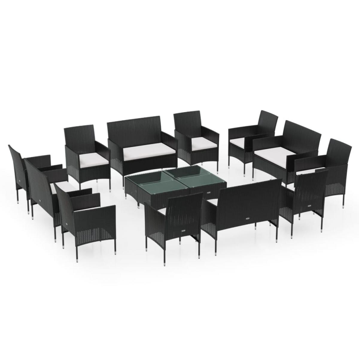 Juego muebles de jardín 16 pzas y cojines ratán sintético negro
