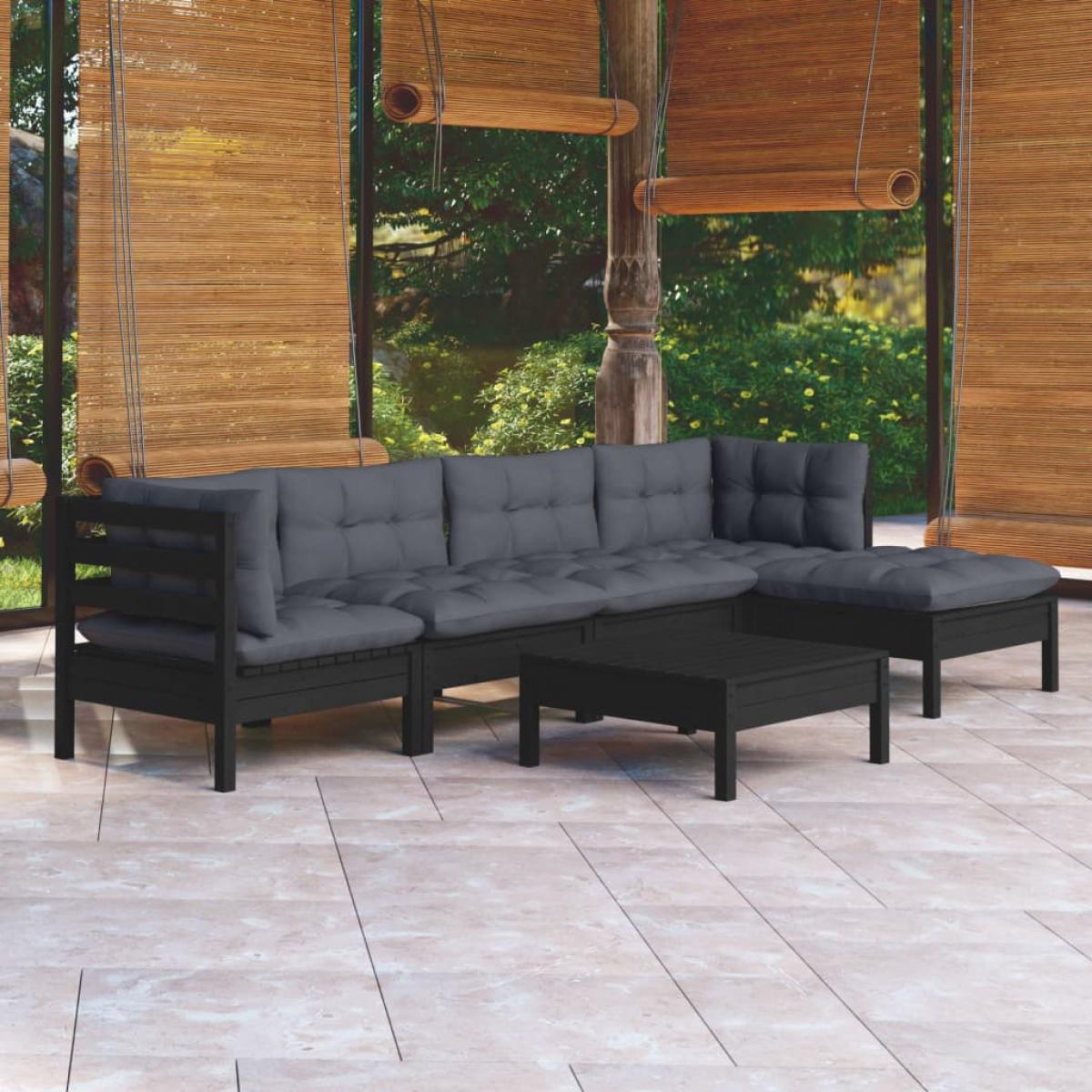 Muebles de jardín 6 pzas con cojines negro madera de pino