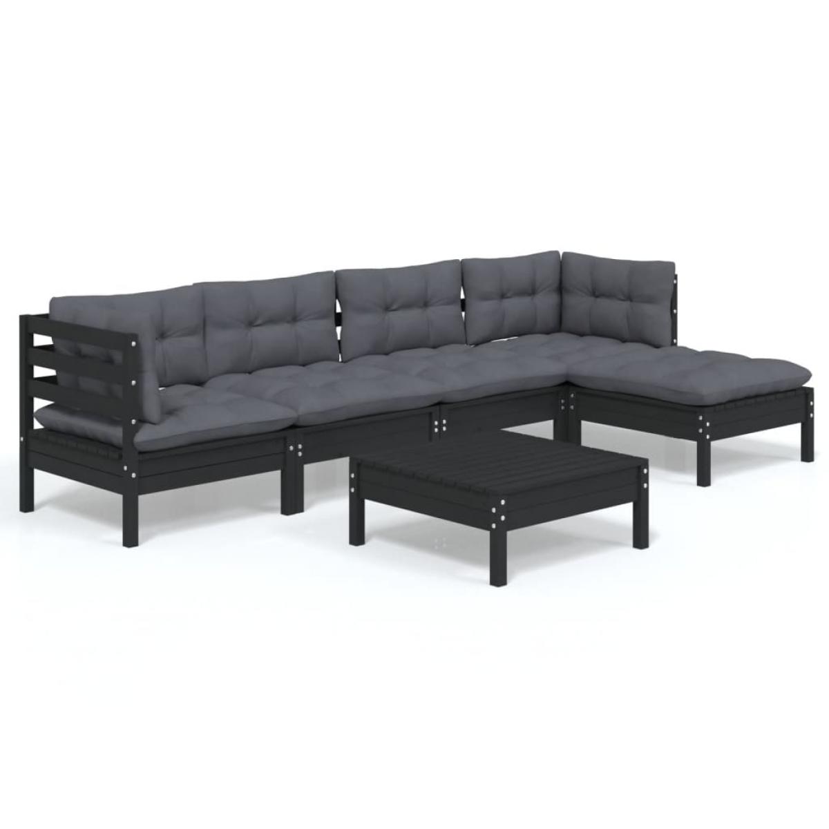 Muebles de jardín 6 pzas con cojines negro madera de pino