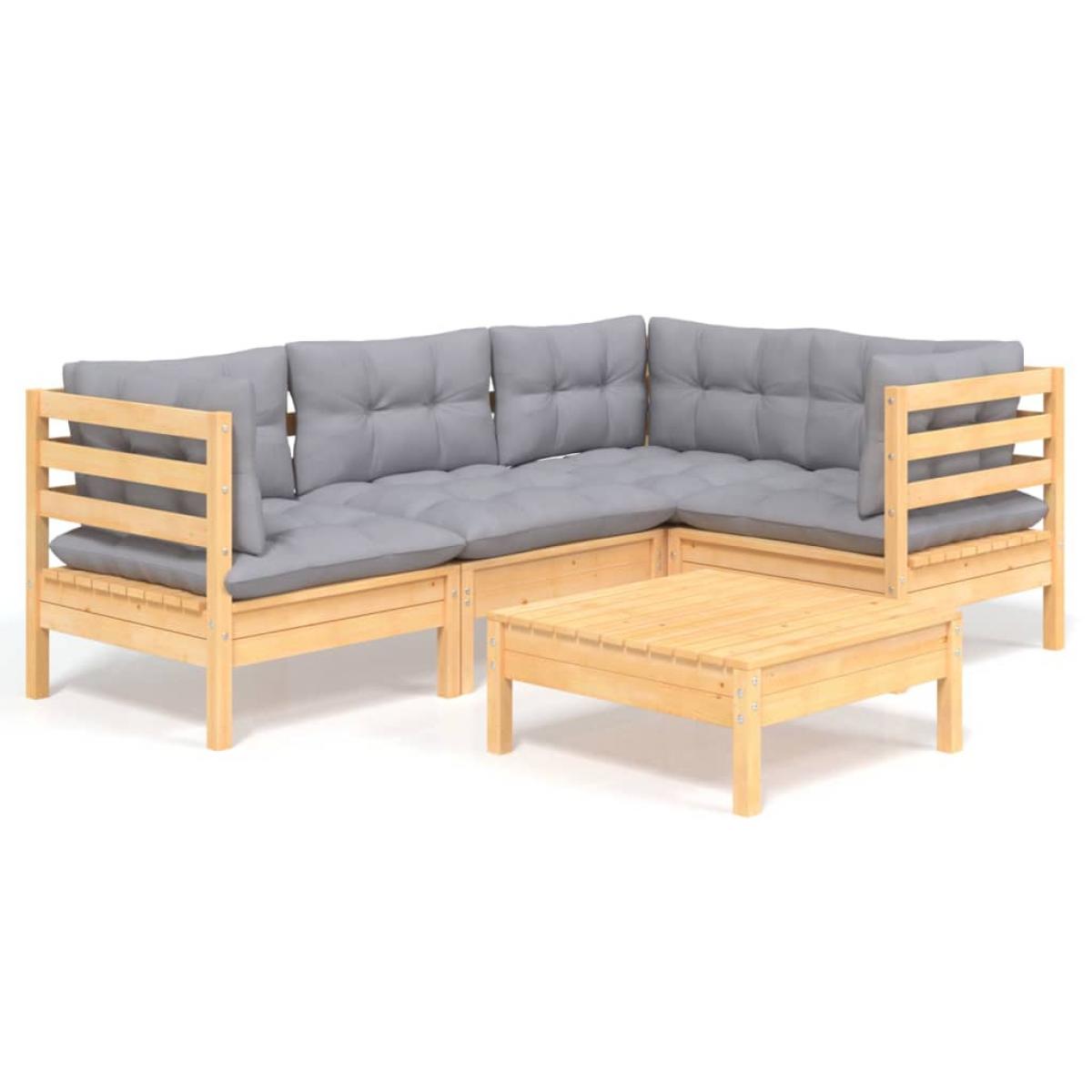 Juego de muebles de jardín 5 pzas y cojines madera pino gris