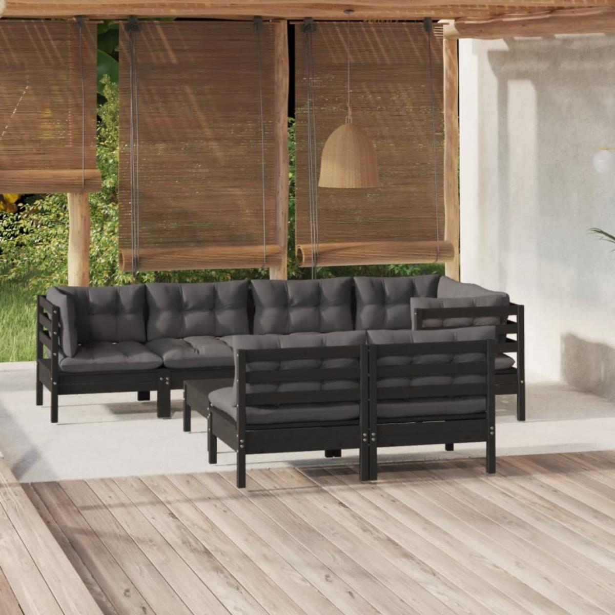 Muebles de jardín 8 pzas con cojines negro madera maciza pino