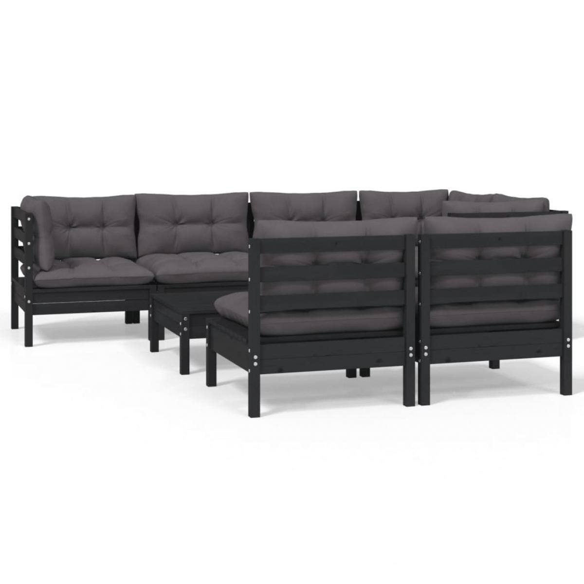 Muebles de jardín 8 pzas con cojines negro madera maciza pino