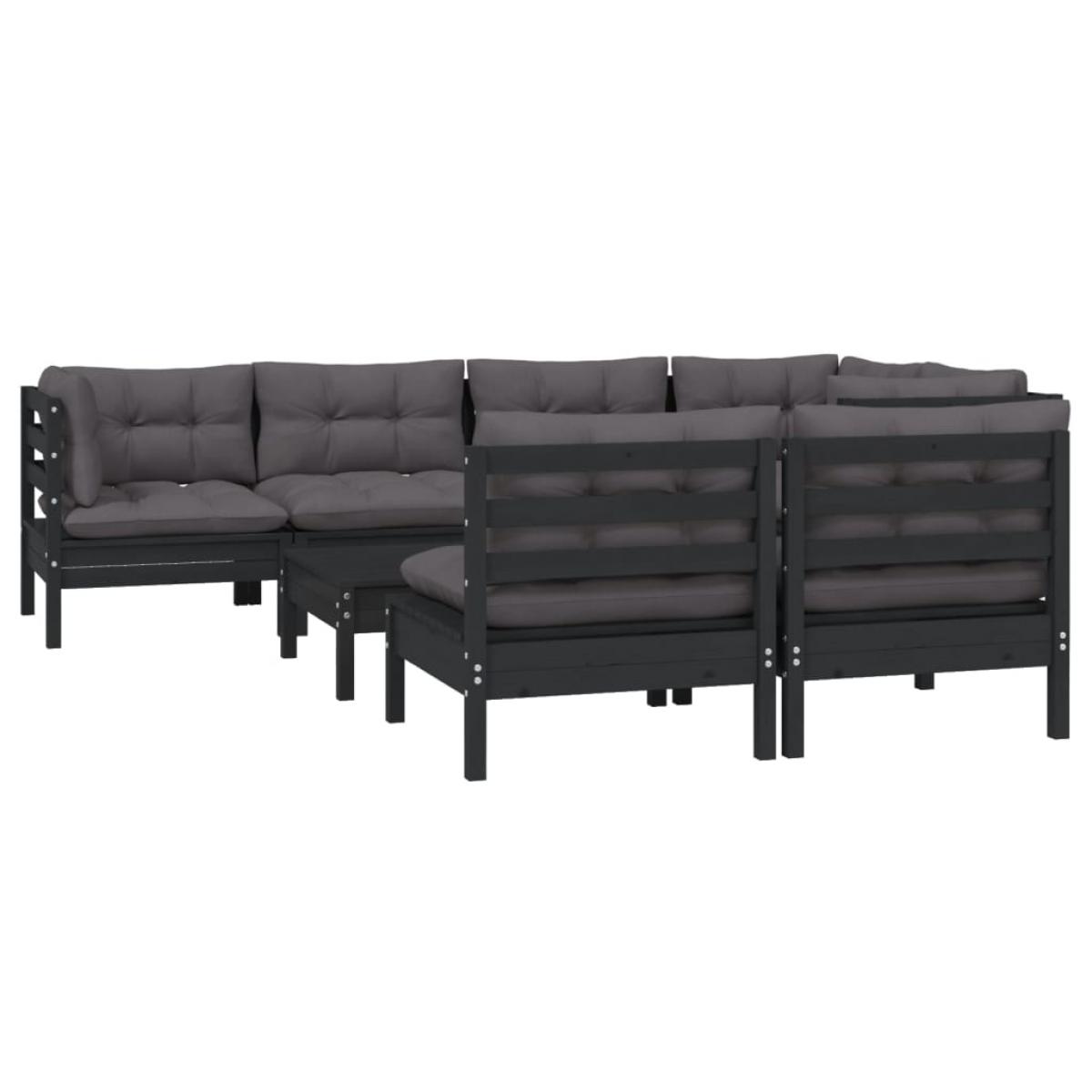 Muebles de jardín 8 pzas con cojines negro madera maciza pino