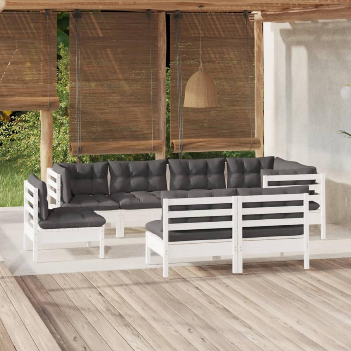 Muebles de jardín 8 pzas y cojines blanco madera maciza de pino