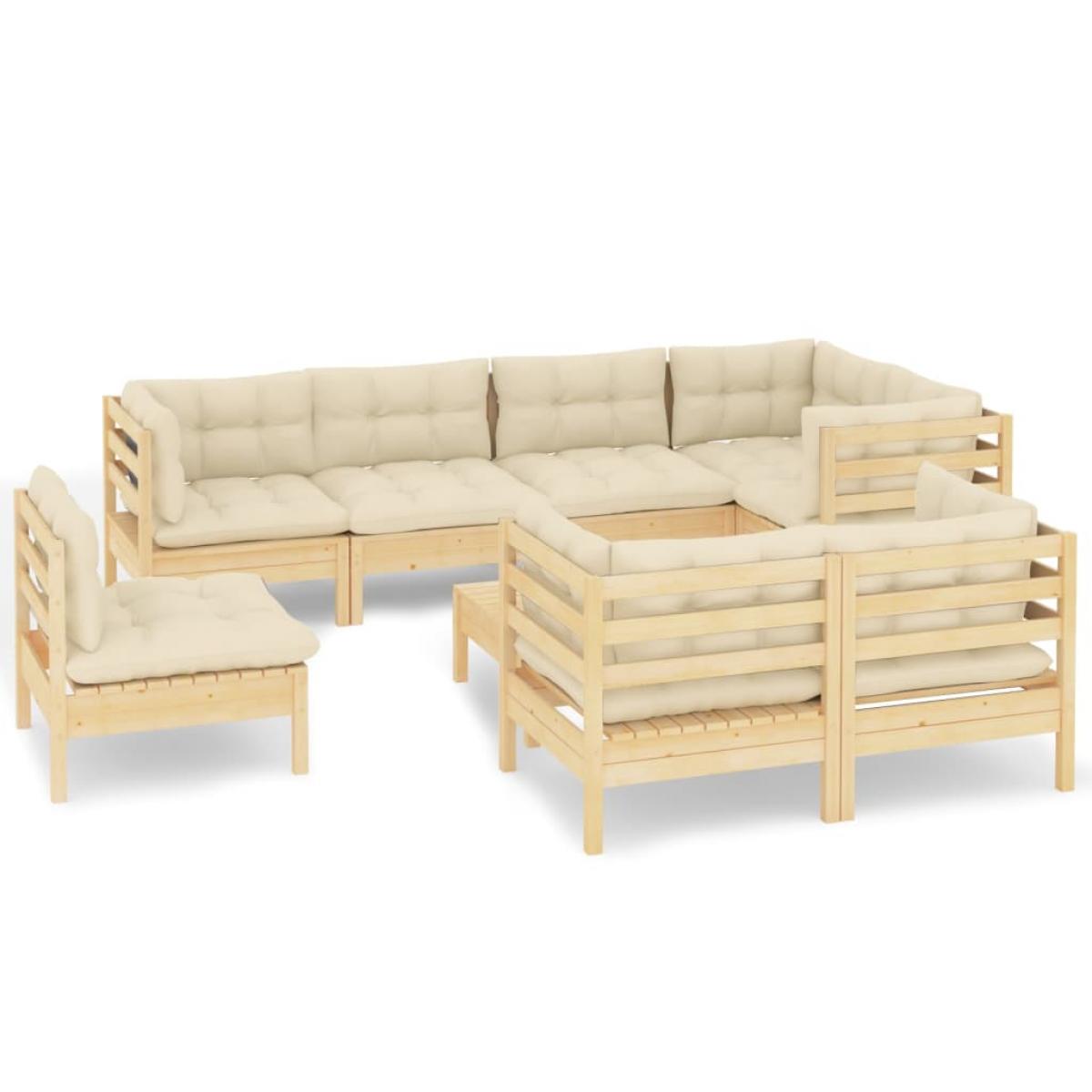 Muebles de jardín 9 pzas y cojines madera maciza de pino crema